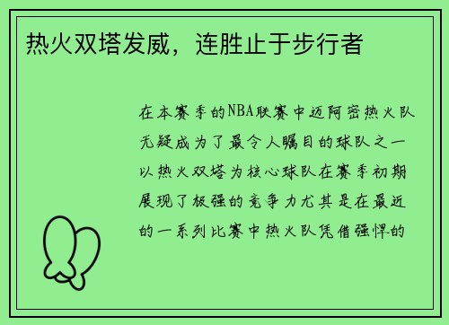 热火双塔发威，连胜止于步行者
